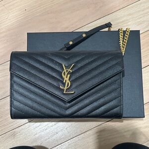 Yves Saint Laurent Black Chevron Clutch with Gold Accents